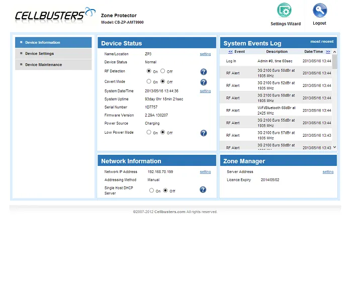Cellbusters Zone Manager software dashboard